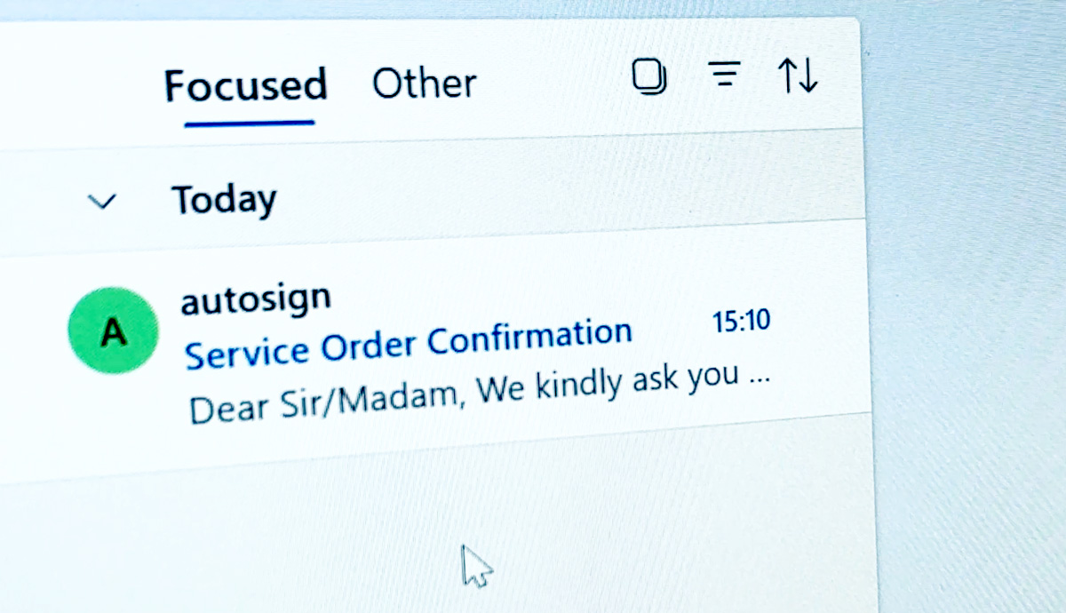 Screenshot of an email inbox in Outlook showing a new message under the "Focused" tab from "autosign" with the subject "Service Order Confirmation". The preview displays the beginning of the message: “Dear Sir/Madam, We kindly ask you …”.